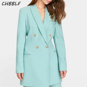 CHBBLF женски шик дълъг блейзър с двубортными джобове и дълъг ръкав, офис облекла, палта, однотонная дамски ежедневни връхни дрехи, блузи XDL2199