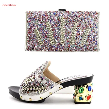 doershow/ изумителен италиански дизайн, сребристи обувки и чанта в комплект с камъни, модни сандали с чанта за вечерни партита QV1-12