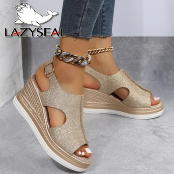 Lazyseal/ Летни Сандали на платформа и танкетке, Плажни Обувки за Жени, Дизайн с Катарама, Блестящ Сребърен цвят, Дамски обувки с отворени пръсти, 2022