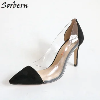 Sorbern/ черни дамски обувки-лодка; дамски обувки-лодка на висок ток с остър пръсти; обувки-лодка 8-9 см; Размер на 37; Вечерни обувки, Прозрачни обувки от PVC; 2018
