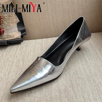 VLADO-MIYA/ново записване, дамски обувки-лодка от волска кожа, чубрица обувки-лодка без обков с остри пръсти нисък и дебел ток в сребърен цвят, размер 34-43