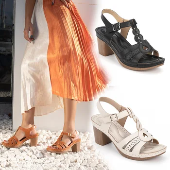 Горещо лято, нови дамски сандали, модерни дамски сандали на дебел висок ток с метална катарама, зашити дамски сандали за почивка, дамски удобна Римска обувки