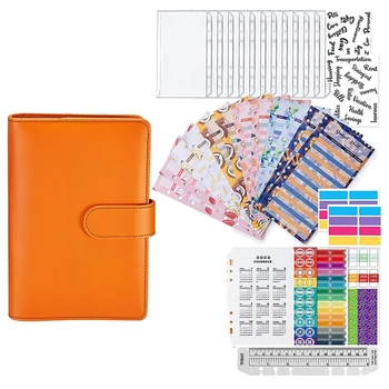 Комплект за подвързване с халки, 34 бр Кожена бюджетен бележник-подвързване с пластмасови джобове за подвързване, бюджетни листове и стикери за етикети