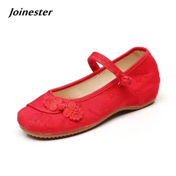 Обувки за Танци с Етнически Рокля и Каишка на Щиколотке с кръгло бомбе, Дамски Обувки от китайската Червена Кърпа с традиционната Пуговицей
