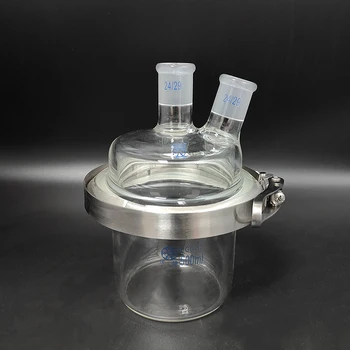 Однослойная цилиндрична бутилка с плоско дъно за отворен реактор 500 мл, фланец 150 mm, скоба от неръждаема стомана, Капак с 2-образно наклонен гърло 24/29