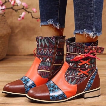 Реколта дамски обувки със страничен цип, по-големи Размери, обувки в западен стил, Botas Femininas De Luxo, Ботильоны на квадратен ток в етнически стил