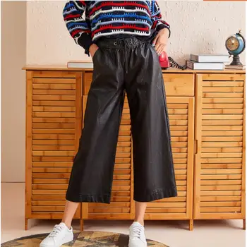 Широки кожени панталони женски нови модни корейската версия с висока талия, свободни тънки панталони от изкуствена кожа F1101
